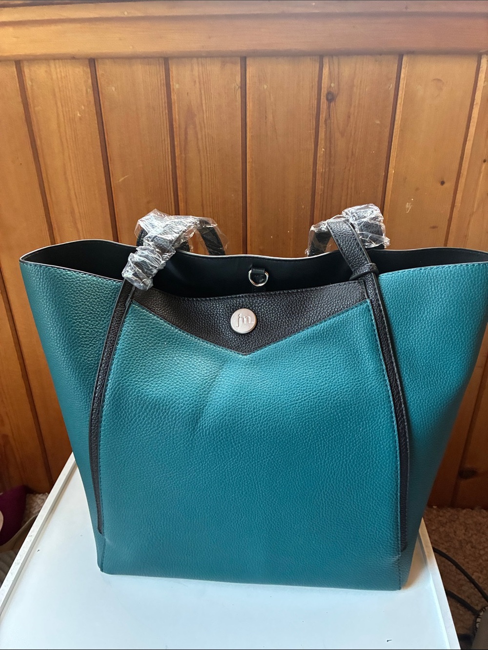 Teal and Black Pebbled Leather Tote Bag with Contrast Trim